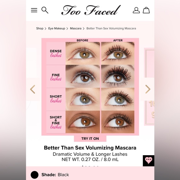 Too Faced Better Than Sex Mascara Makeup Black Lengthening Volumizing Eye Lashes - Picture 2 of 15